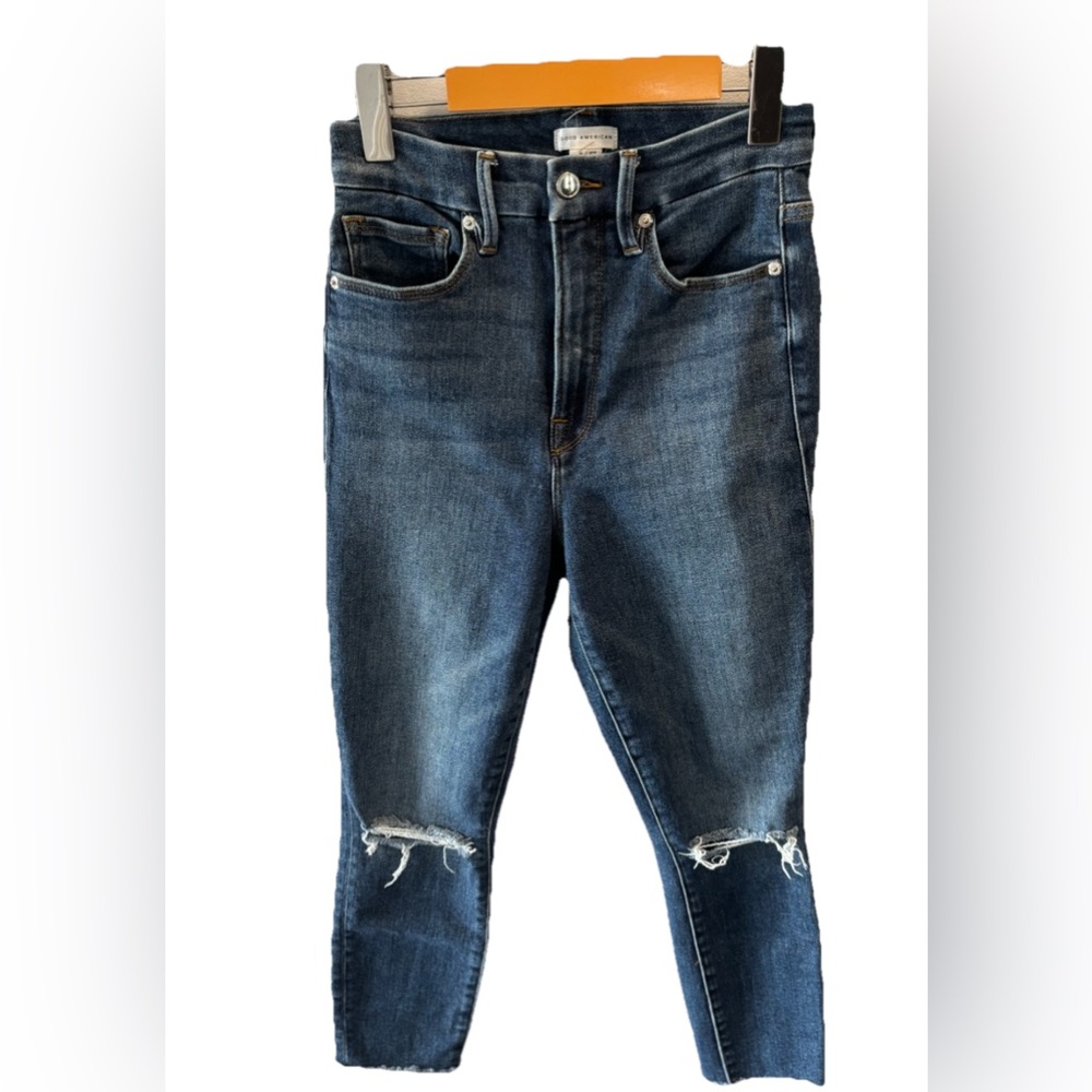 Good American Ripped Knees High Waist Crop Raw Edge Skinny Jean Size 4 / 27